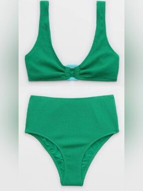 NWT Aerie FULL SET Crinkle Ring Wide Strap Scoop Top + High Waist Bottom Green